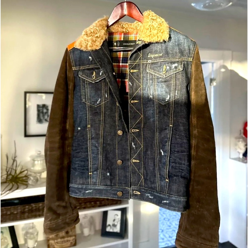 100% auth. DISTRESSED DSQUARED2 CLASSIC JEAN JACKET LEATHER FUR MADE ITALY